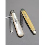 HALLMARKED SILVER PEN KNIFE WITH MOTHER OF PEARL HANDLE PLUS 1 OTHER