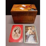 VINTAGE WOODEN CARD BOX CONTAINING 2 DECKS OF CARDS