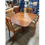 EDWARDIAN MAHOGANY PEDESTAL BASED TABLE ON BRASS CLAW FEET WITH 4 YEW WOOD CHAIRS