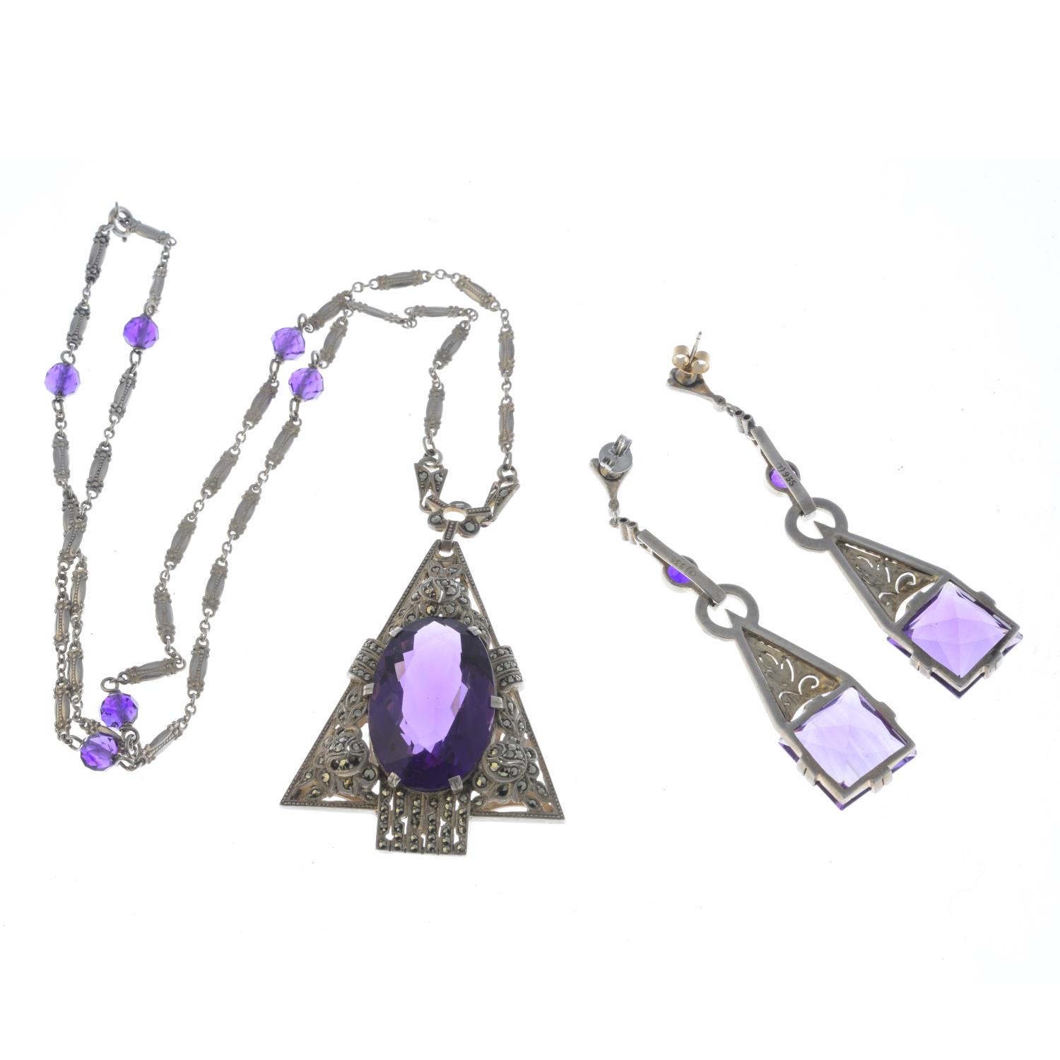 THEODOR FAHRNER - an early 20th century silver amethyst and marcasite pendant and earrings. - Image 2 of 2