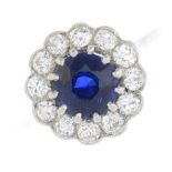 A Sri Lankan sapphire and diamond cluster ring.