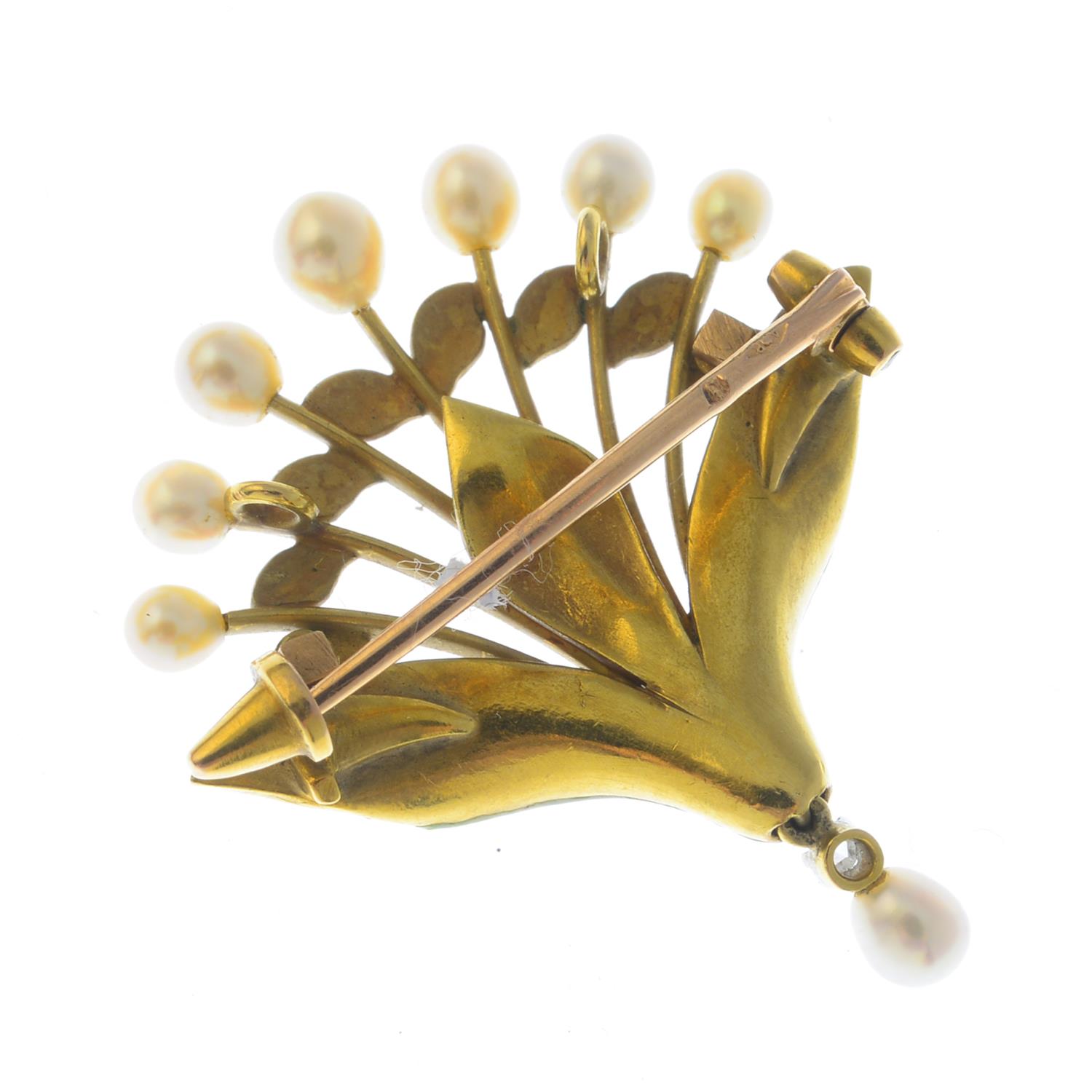 A. BEAUDOUIN- an early 20th century 18ct gold diamond cultured pearl and enamel brooch. - Image 2 of 3