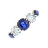 A sapphire and diamond five-stone ring.