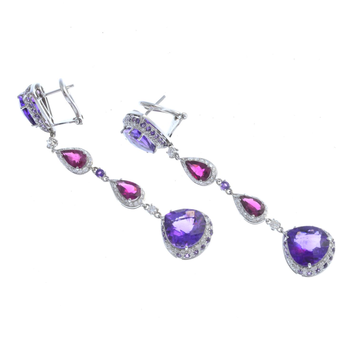 A pair of 18ct gold amethyst, tourmaline and diamond earrings. - Image 2 of 2