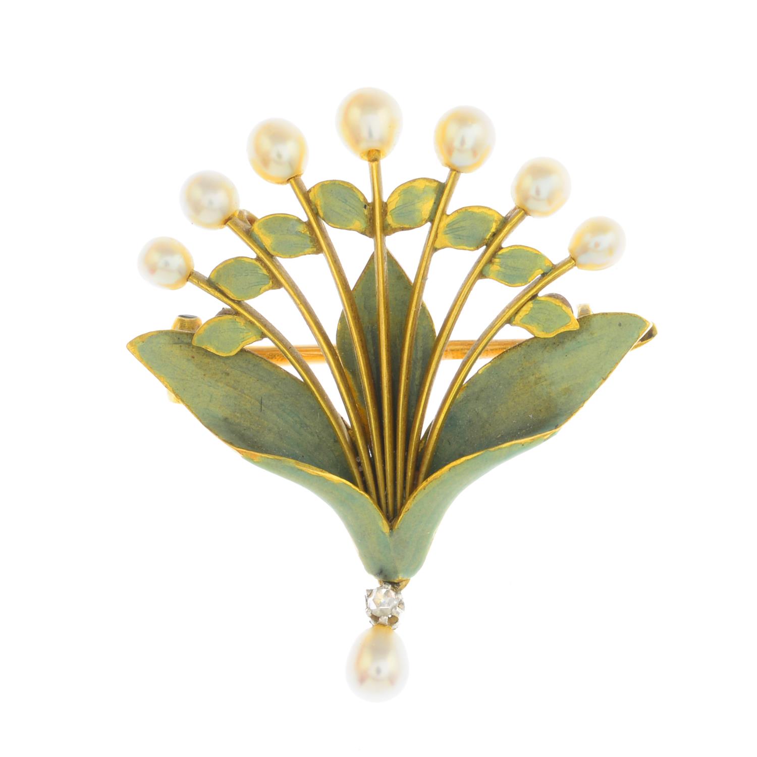 A. BEAUDOUIN- an early 20th century 18ct gold diamond cultured pearl and enamel brooch.