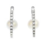 A pair of 18ct gold cultured pearl and diamond earrings.