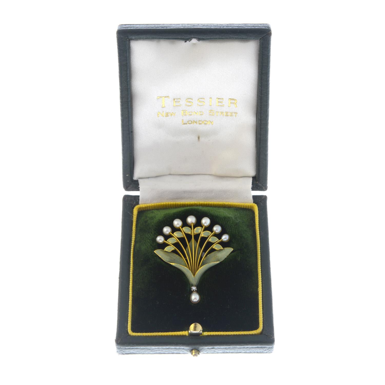 A. BEAUDOUIN- an early 20th century 18ct gold diamond cultured pearl and enamel brooch. - Image 3 of 3