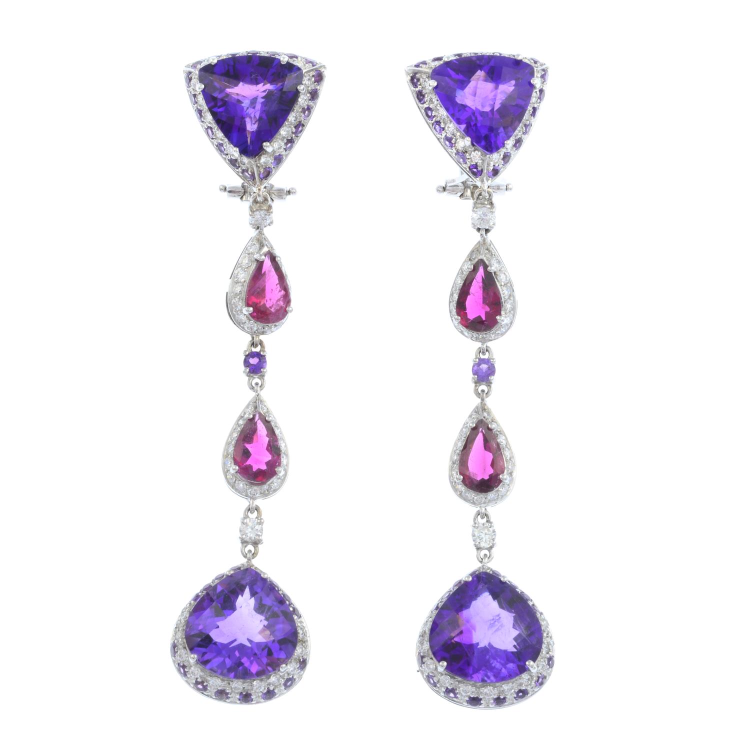 A pair of 18ct gold amethyst, tourmaline and diamond earrings.