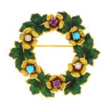 An early 20th century 18ct gold enamel and gem-set brooch.