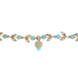 An early 20th century 14ct gold turquoise and split pearl foliate bracelet.