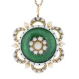 An early 20th century 15ct gold split pearl and enamel pendant.