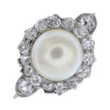 An early 20th century gold cultured pearl and diamond cluster ring.