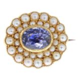 An early 20th century 15ct gold Sri Lankan sapphire and split pearl brooch.