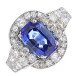 A mid 20th century platinum sapphire and diamond ring.