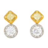 A pair of coloured diamond and diamond earrings.