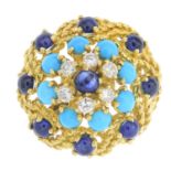 A mid 20th century gold sapphire, diamond and turquoise ring.