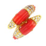 A mid 20th century 18ct gold coral and diamond ring.
