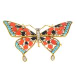 A mid 20th century 18ct gold and platinum, diamond and gem-set butterfly brooch.