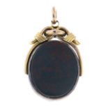 An early 20th century gold bloodstone and carnelian swivel fob.