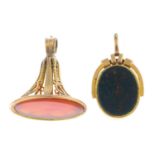 Two 19th century gold agate fobs.
