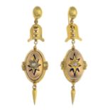 A pair of diamond and enamel drop earrings.