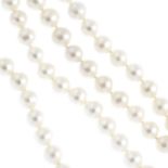 Four cultured pearl single-strand necklaces.