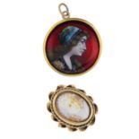 A 9ct gold shell cameo ring and an enamel pendant.