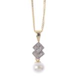 A 9ct gold diamond and cultured pearl pendant.