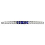 A mid 20th century platinum and 18ct gold sapphire and diamond bar brooch.
