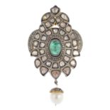 An emerald, diamond and cultured pearl pendant.