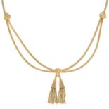 A necklace. The fancy-link tassels, suspended from a flat-link swag detail chain.
