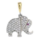 A cubic zirconia and synthetic ruby elephant pendant.