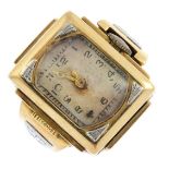 A watch ring. The rectangular-shape Arabic numeral dial, with bi-colour tapered shoulders.