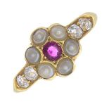 An early 20th century 18ct gold ruby, split pearl and diamond cluster ring.