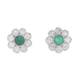 A pair of emerald and diamond floral cluster earrings.