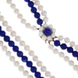 A lapis lazuli and cultured pearl three-row necklace.