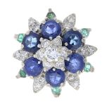 A sapphire, emerald and diamond dress ring.