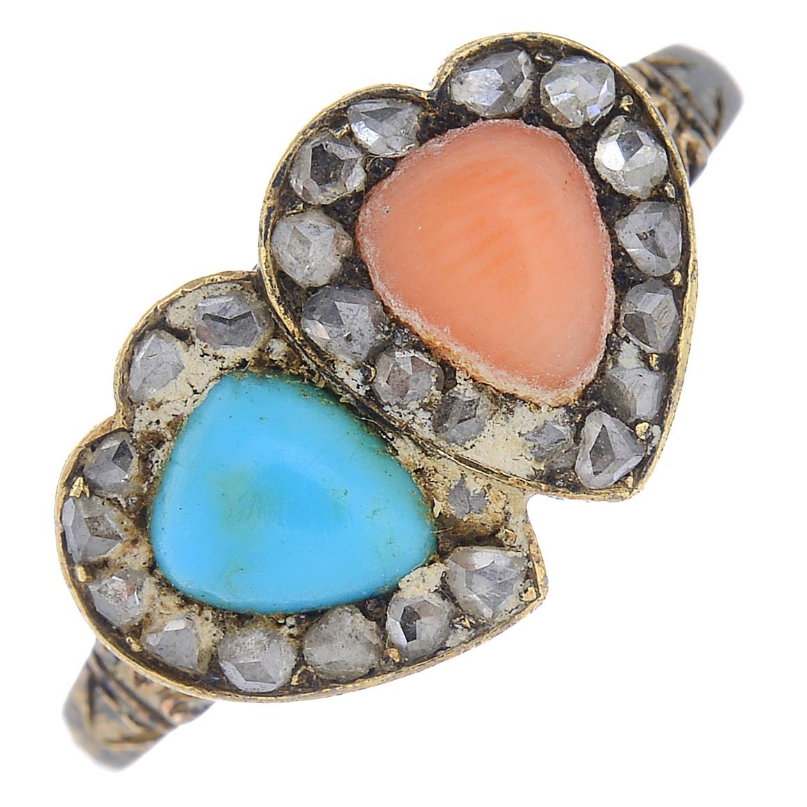 An early 20th century 18ct gold coral, turquoise and diamond ring.