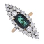 An early 20th century gold and silver, tourmaline and diamond cluster ring.