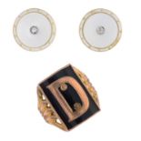 A pair of mother-of-pearl, enamel and diamond earrings, and an onyx signet ring.