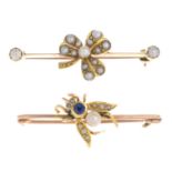 Two early 20th century gold gem-set bar brooches.