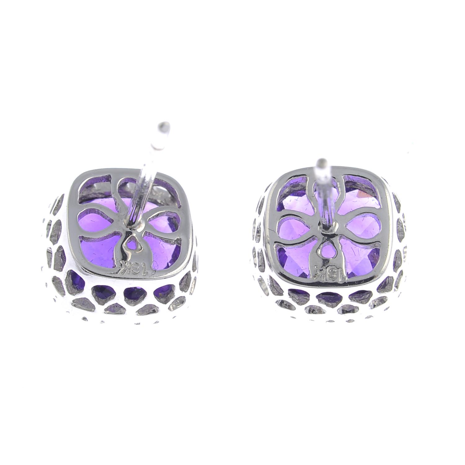 A pair of 18ct gold amethyst and diamond cluster earrings. - Image 2 of 3