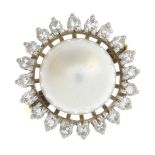 A cultured pearl and diamond ring.