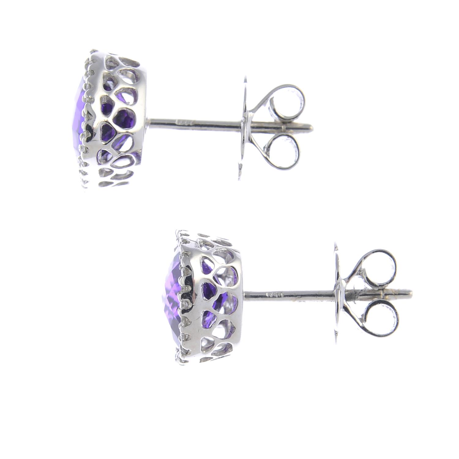 A pair of 18ct gold amethyst and diamond cluster earrings. - Image 3 of 3