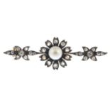 A diamond and cluster pearl bar brooch.