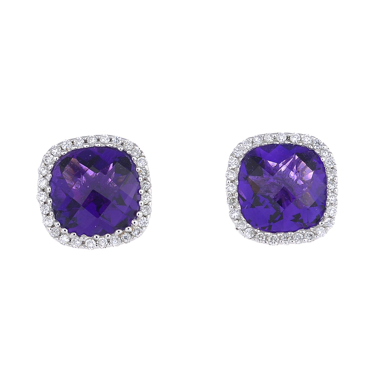 A pair of 18ct gold amethyst and diamond cluster earrings.