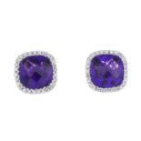 A pair of 18ct gold amethyst and diamond cluster earrings.