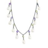 A cultured pearl, amethyst and peridot necklace.