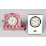 An Art Deco silver and enamelled dressing table clock,