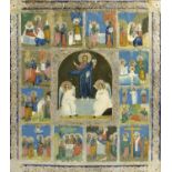 A 20th century religious icon painted on wooden panel with gold leaf highlights,